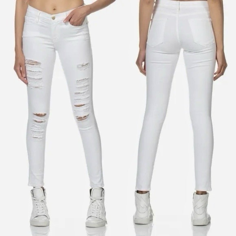 Frame Le Skinny De Jeanne Heavy Distressed Jeans Size 24 Slim Ripped Blanc White